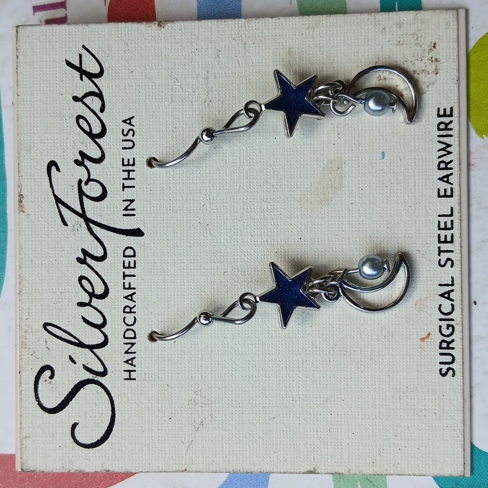 18K on Surgical Steel Silver & Blue STAR DANGLING earrings